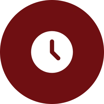Icon of a white clock on a red circular background showing the time at approximately 5 o'clock.