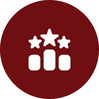 White podium with three stars above it on a maroon circular background.