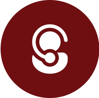A white abstract figure over a red circle background. The figure consists of a large dot connected to a curved line and a smaller dot below it.